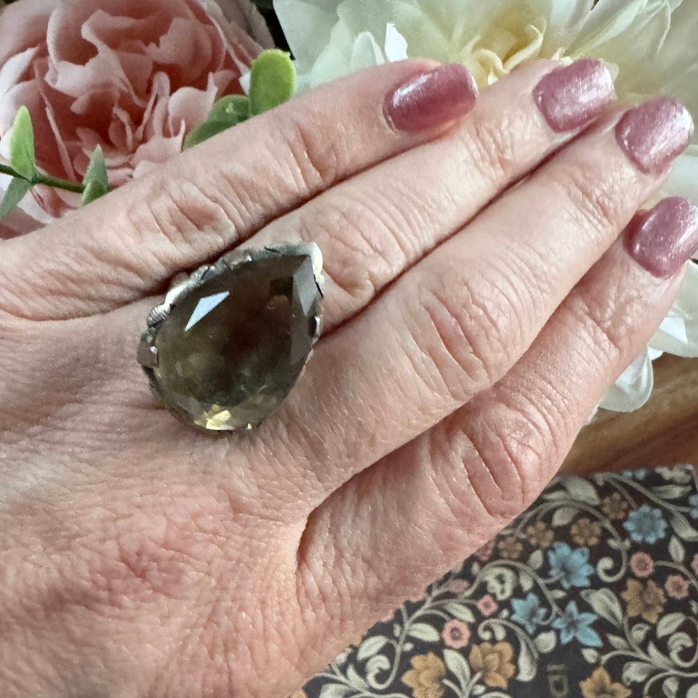 Vintage Sterling Silver 925 Large Pear Cut Smoky Quartz Statement Ring Size 7.25